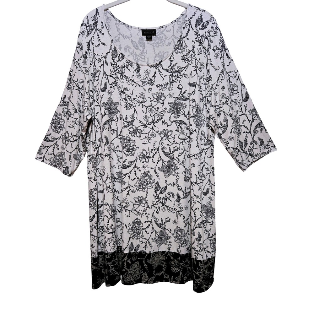 Lagenlook Floral Paisley Tunic J.Jill Wearever Black White 3/4 Sleeve Size XL